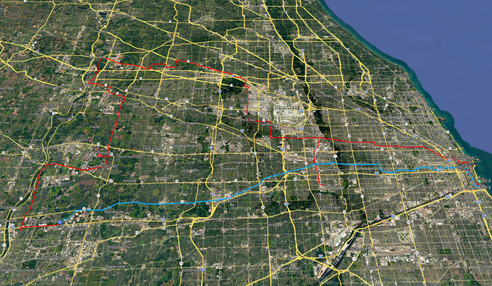 Route diversity map between 350 Cermak and CME Aurora showing red and blue fiber paths across Chicago metro
