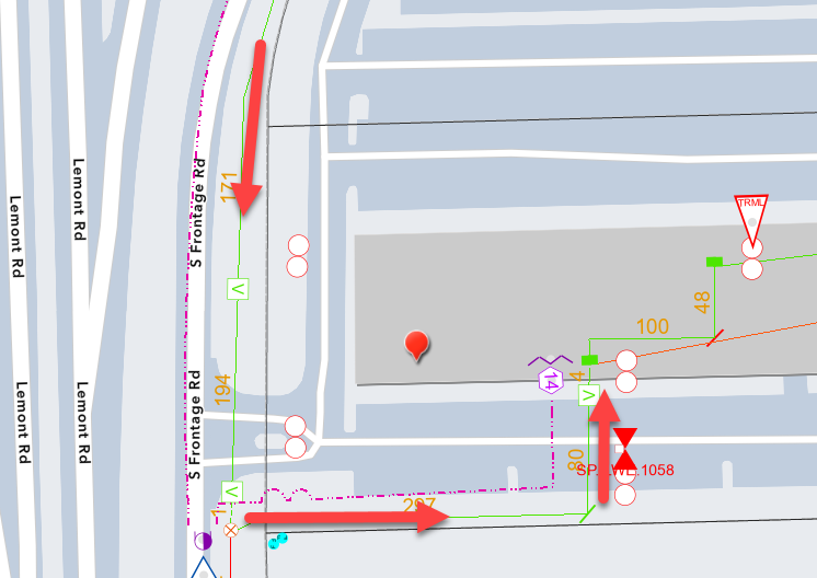 Detailed KMZ route diagram showing infrastructure choke points and entrance exposure near S Frontage Rd